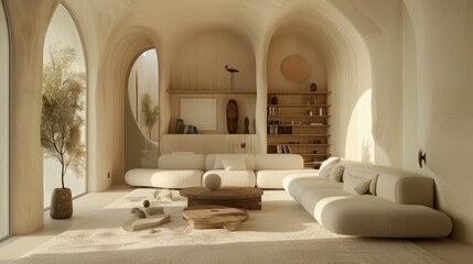 Sophisticated lounge with organic shapes, post-minimalist decor, and Progressive palettes