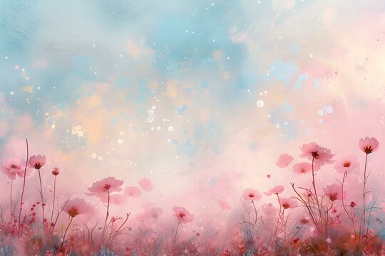 Dreamy pastel floral scene with pink blooms and glittering lights. perfect for backgrounds. calming and beautiful. AI