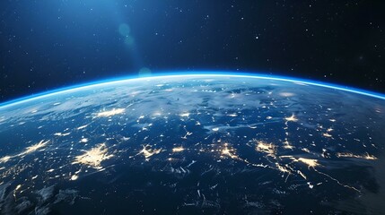 Stunning view of earth from space at night. glowing cities, blue atmospheric glow. space exploration and nature's beauty. AI