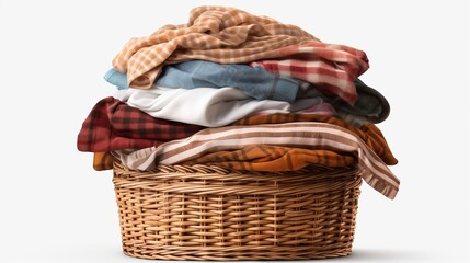 Obraz premium Stack_of_clean_clothes_and_Wicker_basket_with_clean cloth on white background ai genertaed image