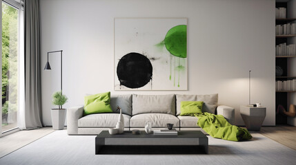 A minimalistic living room with white walls, a sleek gray sofa, and pops of vibrant green in the decor.