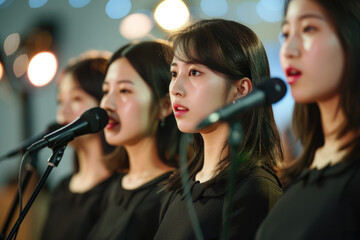 Korean girls singing in a K-Pop group on stage