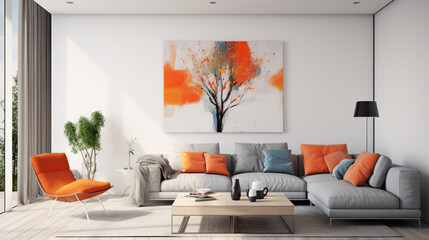 A minimalistic living room with white walls, a sleek gray sofa, and pops of vibrant orange in the decor.