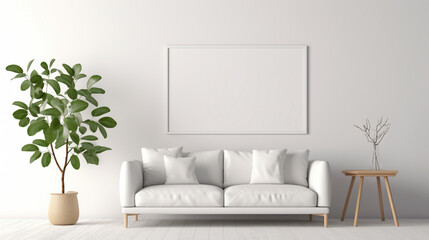 A minimalistic living room with a blank white empty frame, capturing the beauty of a delicate, minimalist botanical illustration that adds a touch of nature.
