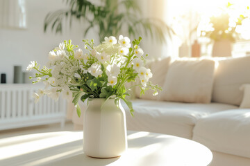 Obraz na płótnie Canvas Beautiful delicate flowers in a vase on a table in a sunny room in White colours