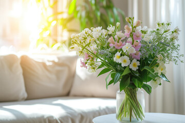 Beautiful delicate flowers in a vase on a table in a sunny room in White colours