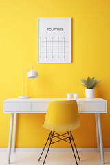 A minimalistic office mockup with a clean, white work desk, a pop of vibrant yellow in the chair, and a colorful desk calendar.