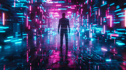 A humanoid figure immersed in a surreal neon lit digital cyberpunk world