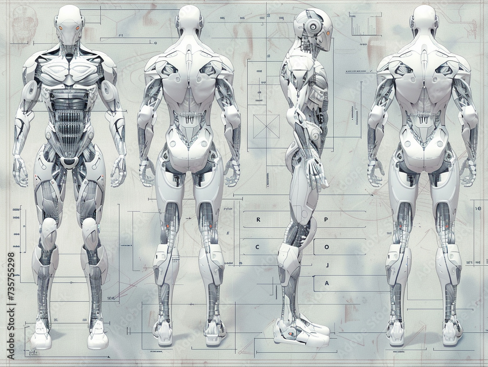 Poster create a 3d render showcasing the intricate anatomy of a cyborg in a blueprint style illustration