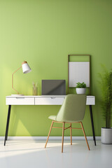 A mockup of a colorful office interior with a sleek white desk, a vibrant green chair, and minimalist desk accessories.