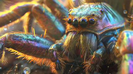Apply realistic rendering techniques to generate a unique 3D image displaying the vivid hues of a rainbow reflecting off a monstrous towering spider