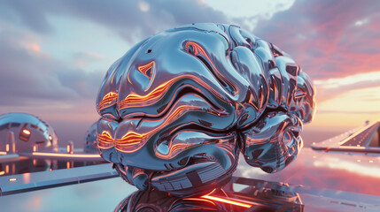 Artistic representation of a shiny chrome rendered futuristic brain in an unique 3D illustration - obrazy, fototapety, plakaty