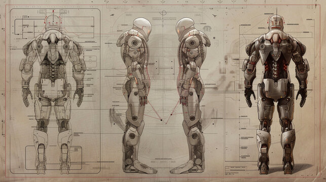 Construct an intriguing concept art of a cyborg showcasing its detailed anatomy in a style similar to an architectural blueprint