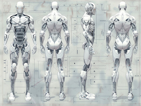 Create a 3D render showcasing the intricate anatomy of a cyborg in a blueprint style illustration
