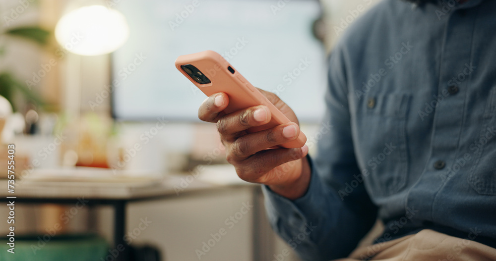 Poster typing, hand and person with a phone in an office for a search, online chat or email on a website. c