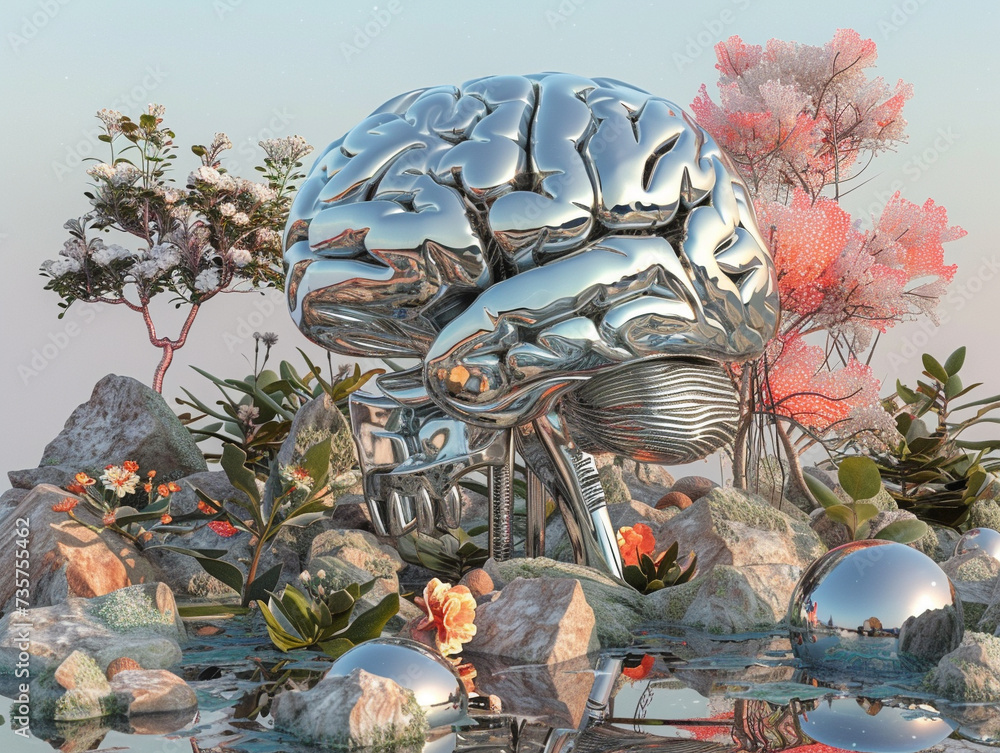 Poster envision a cerebral landscape of the future with a chrome textured brain and unique 3d elements