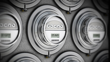 Energy efficient smart electric meters in a row. 3D illustration