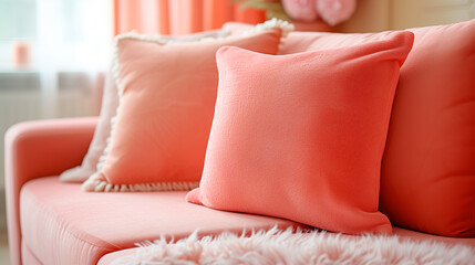 Fototapeta na wymiar Beautiful fluffy cushions in a modern interior in pink colours