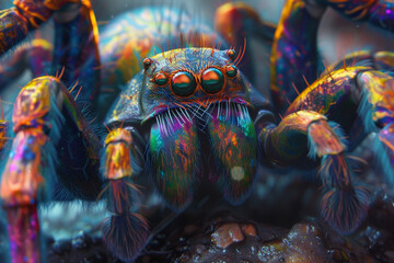 Design a giant spider monstrous yet captivating with its vibrant spectrum of rainbow colors using a 3D render technique that captures realistic details