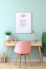 A mockup of a modern office space with a minimalist desk, a colorful motivational quote on the wall, and a simple, cozy chair.