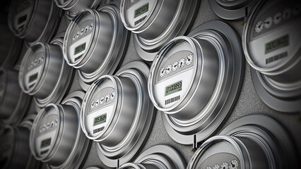 Energy efficient smart electric meters in a row. 3D illustration - obrazy, fototapety, plakaty