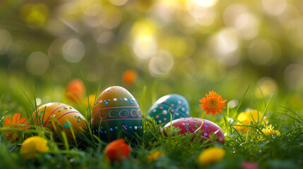 Easter Monday egg hunt background. - obrazy, fototapety, plakaty