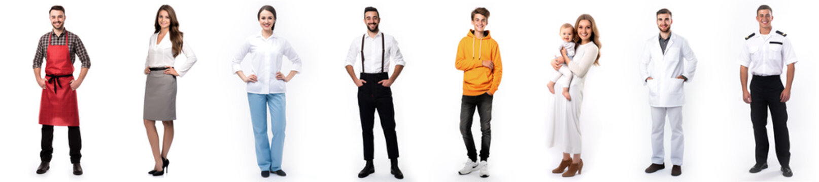 different people of all ages pose isolated on a white background