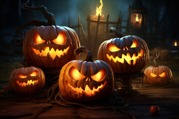 Hauntingly delightful pumpkins set the scene for a spooky cinematic Halloween, AI Generative.