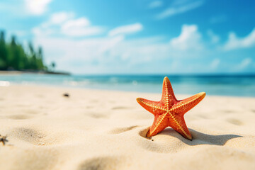 Fototapeta na wymiar Starfish on sandy beach with clear blue waters, epitomizing tropical serenity, AI Generative.