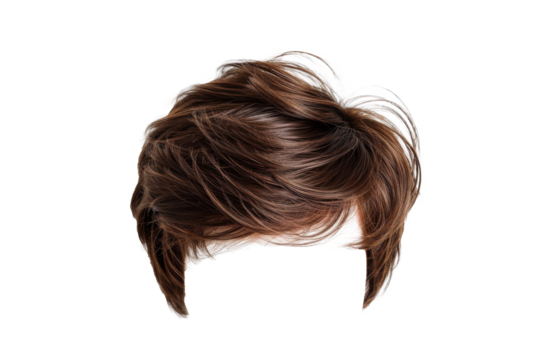 Stylish hair wig with trendy design isolated on background, front view, fashionable hairstyle concept.