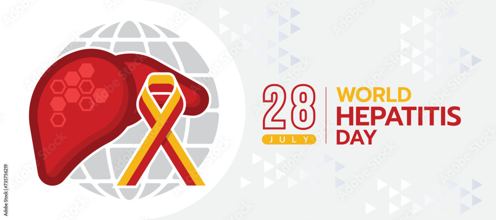 Poster world hepatitis day - the liver with hexagonal shape texture and yellow red ribbon sign on circle gl