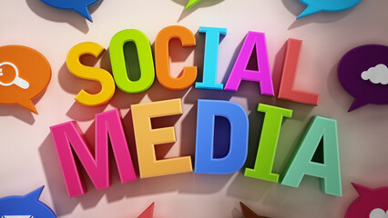 Speech balloons with technology icons around social media text. 3D illustration