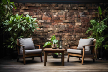 Envision an outdoor setting with a simple brick wall showcasing earthy hues. Connect with the natural warmth and inviting atmosphere that such a textured surface can bring to exterior spaces. - obrazy, fototapety, plakaty