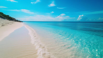 Fototapeta na wymiar Crystal-clear waters kiss the white sands of a serene beach under a bright blue sky AI Generative.