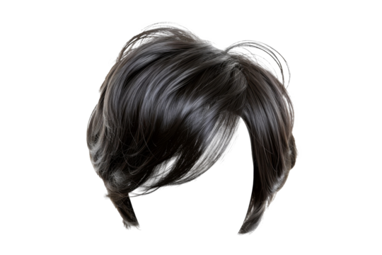 Stylish hair wig with trendy design isolated on background, front view, fashionable hairstyle concept.