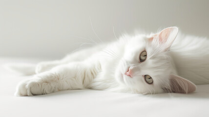 A serene white cat lying comfortably, embodying peace and domestic grace, AI Generative.