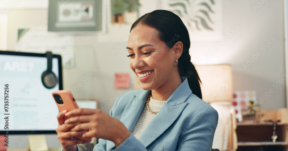 Poster phone, text and business woman in office happy for social media, message or networking notification.