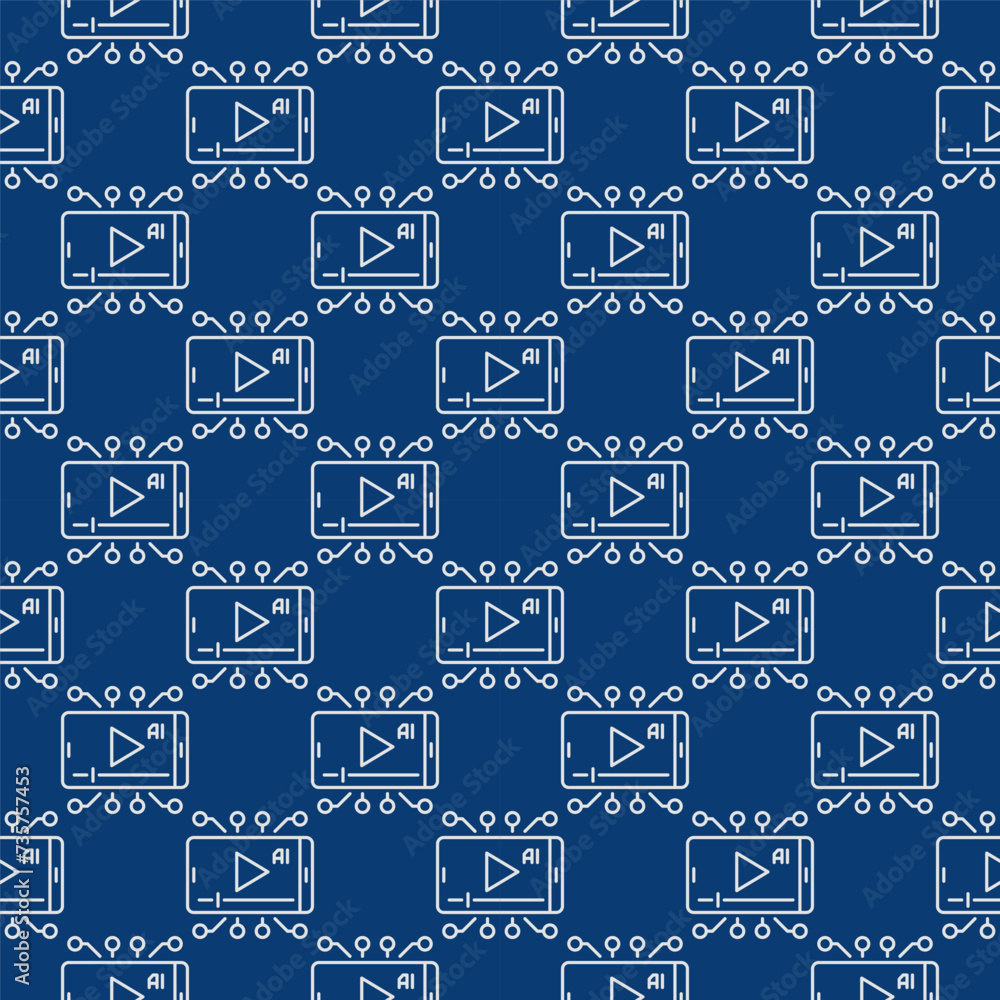 Poster ai video on phone screen vector artificial intelligence smartphone blue seamless pattern in outline 