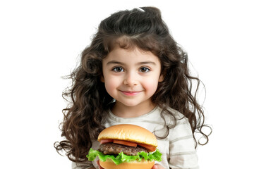 Little girl with curly hair eating a hamburger isolated on white background.