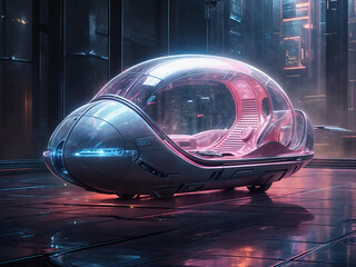 Fototapeta premium A futuristic, see-through car with a pink tint sits in a city.