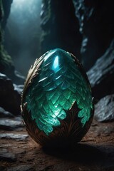 Beautiful green glass egg of dinosaur on dark background. 3D fantasy concept. Generative AI.
