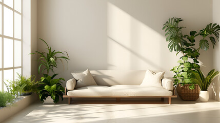 Beautiful beige modern minimalist room design with sofa, generative ai