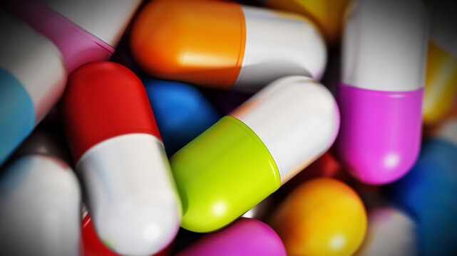 Stack of multi colored vitamin pills. 3D illustration