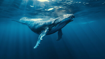 Majestic whale swimming in the serene deep blue sea, a glimpse of ocean life, AI Generative.