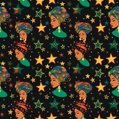 bohemia fabric pattern African American style Colorful Orange, star, face of a person wearing a headscarf In ancient Bohemian times green, yellow, blue, red, dark red, black, light brown, seamless 