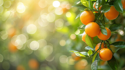 Sun-kissed oranges hanging on a lush tree with a bokeh background, radiating freshness and vitality – AI Generative.