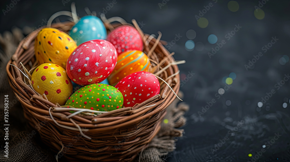 Wall mural decorated colorfull easter eggs in the backet on the dark background, spring holiday time