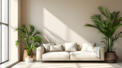 Fototapeta na wymiar Beautiful beige modern minimalist room design with sofa, generative ai
