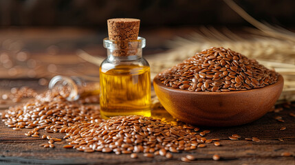 
Linseed oil, or flaxseed oil, is a clear to yellowish oil derived from the dried and matured seeds of the flax plant. - obrazy, fototapety, plakaty