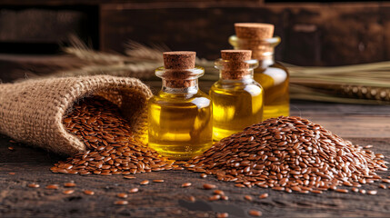 Linseed oil, alternatively recognized as flaxseed oil, is an oil with a color range from clear to yellowish, derived from the dried and matured seeds of the flax plant. - obrazy, fototapety, plakaty